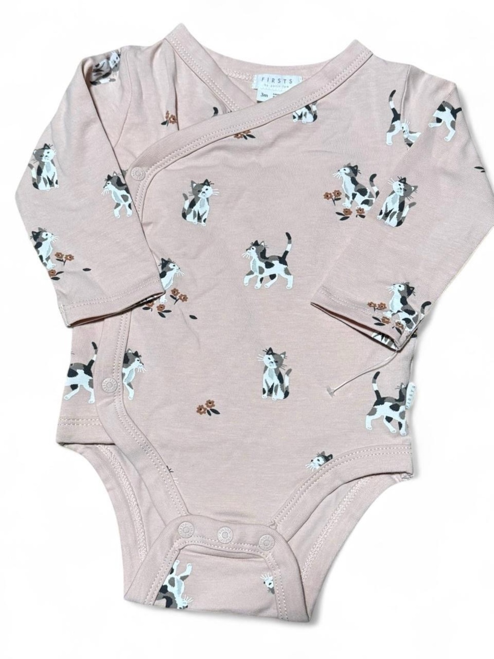 Firsts by Petit Lem Baby Cat Print Organic Cotton Bodysuit 3M Pink Wrap Front